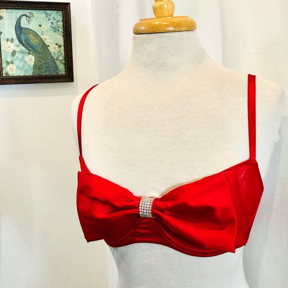 Victoria's Secret Red Satin Bra with Big Bow and Rhinestones Size 32DDD - Picture 2 of 10